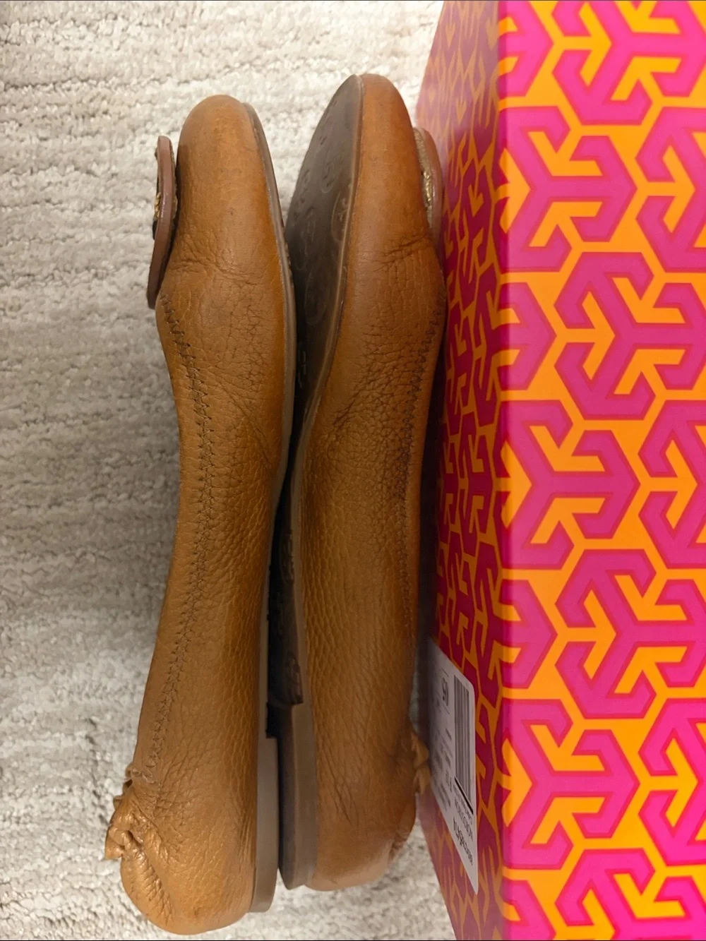 Tory Burch Tan Reva With Leather Logo Ballet Flats